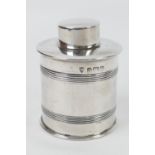 George V silver tea caddy, Birmingham 1923, cylinder form decorated with two reeded bands, height