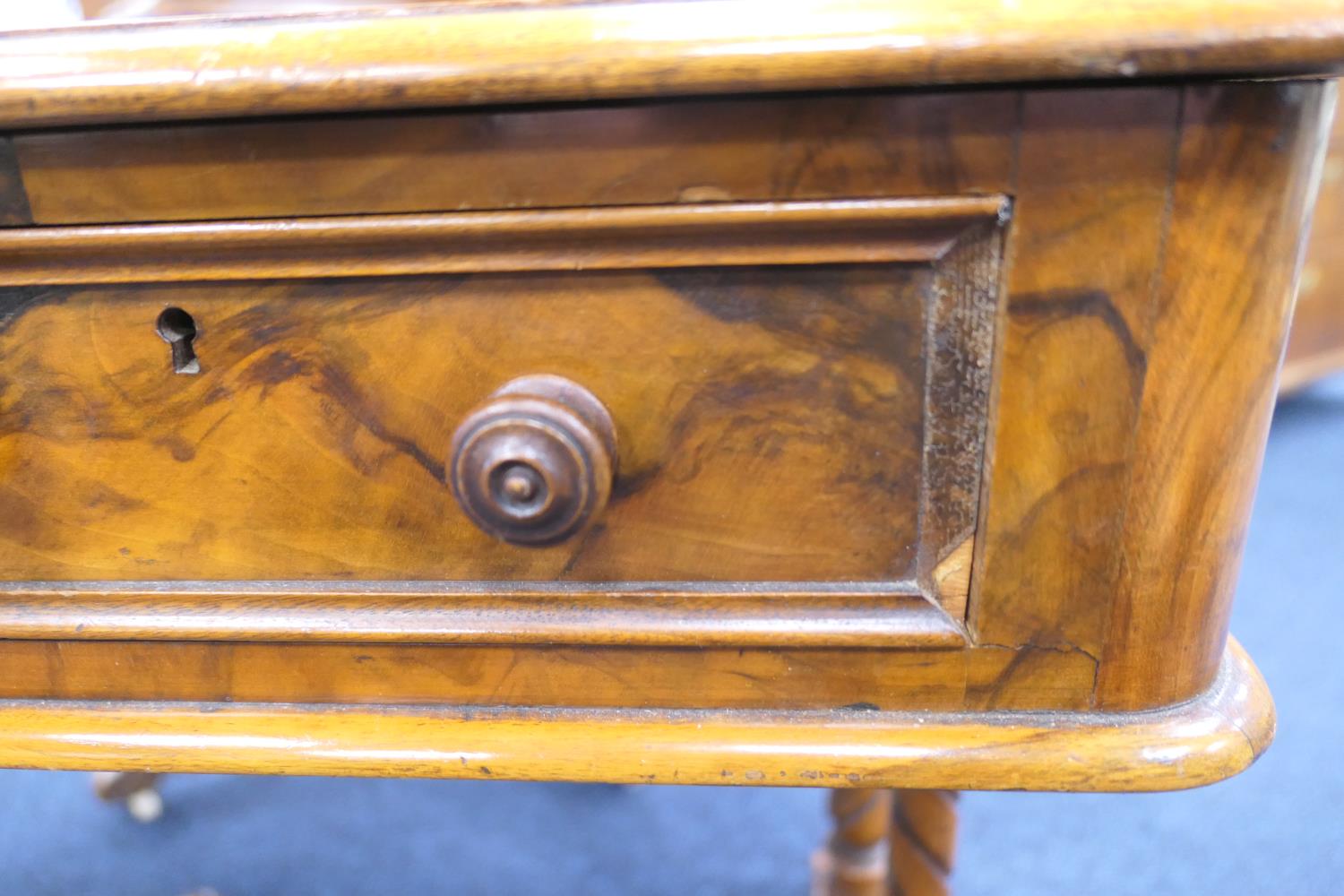 Victorian burr walnut kneehole writing table, with tooled leather inset top, over a fretwork - Image 4 of 12