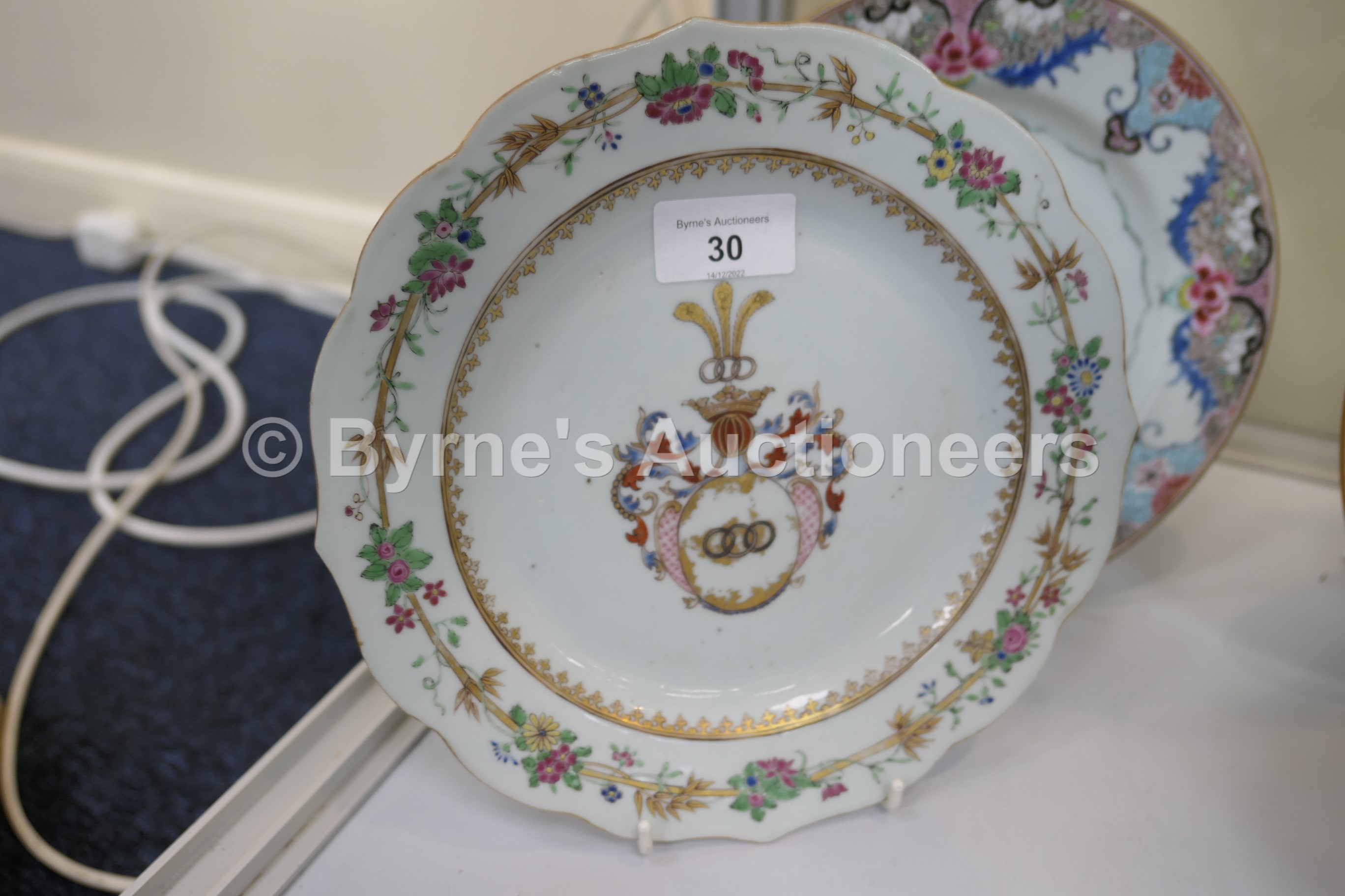 Five Chinese famille rose plates, all 18th Century, including an armorial plate, 22.5cm; Mandarin - Image 3 of 8