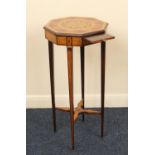 Sheraton Revival mahogany and marquetry kettle stand, octagonal top centred with a flowerhead and