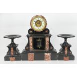 French slate and scagliola marble clock garniture, the dial signed signed Arvieux, Marseilles,