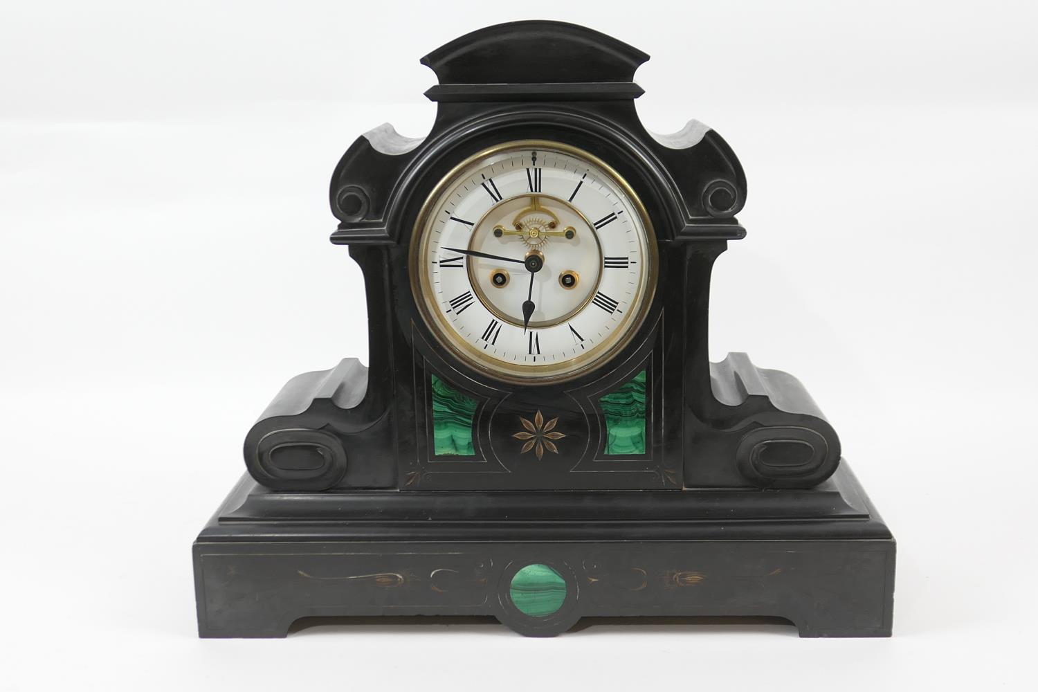 French slate mantel clock, the case inset with malachite panels, the dial with Roman numeral and