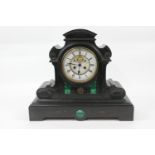 French slate mantel clock, the case inset with malachite panels, the dial with Roman numeral and