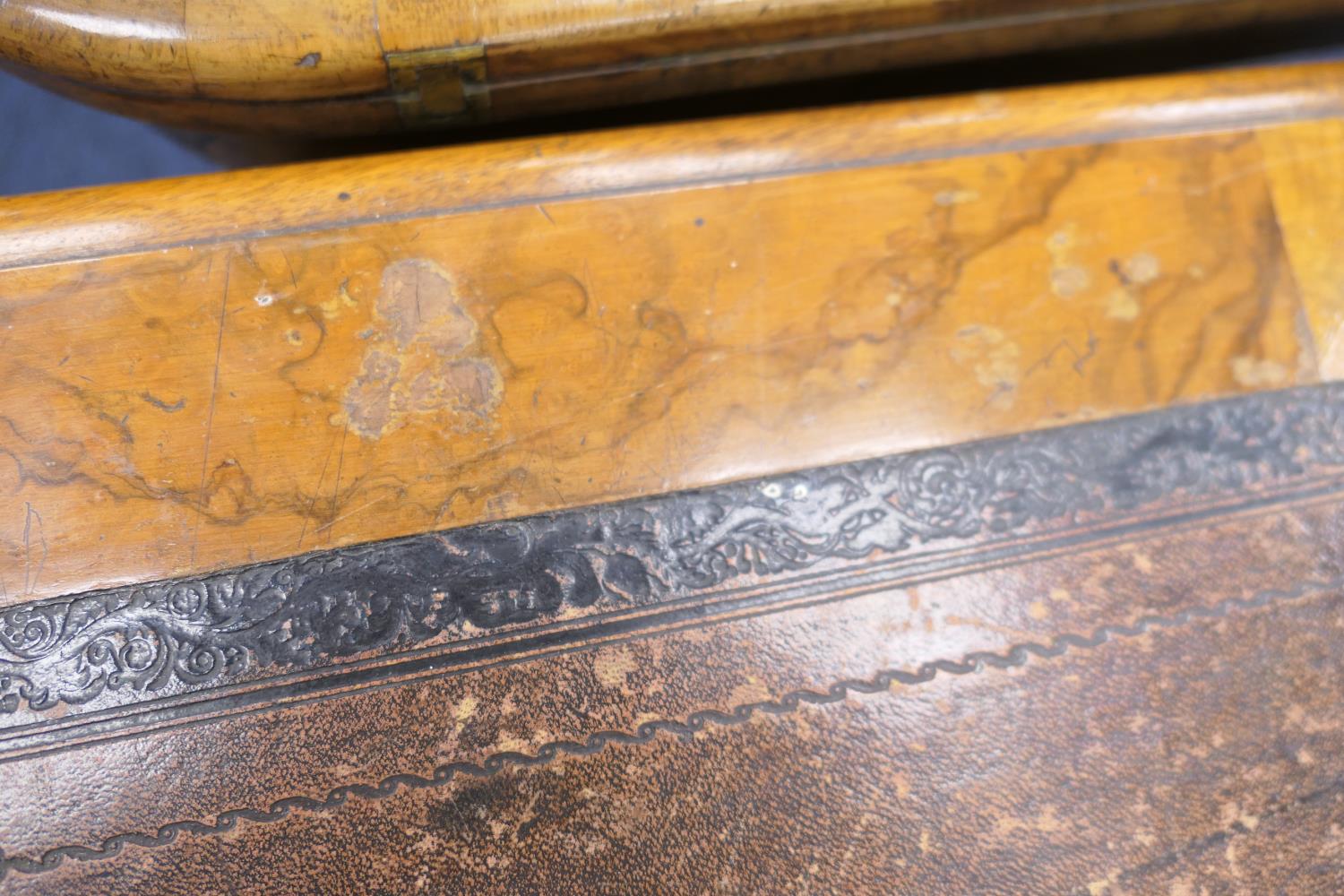 Victorian burr walnut kneehole writing table, with tooled leather inset top, over a fretwork - Image 3 of 12