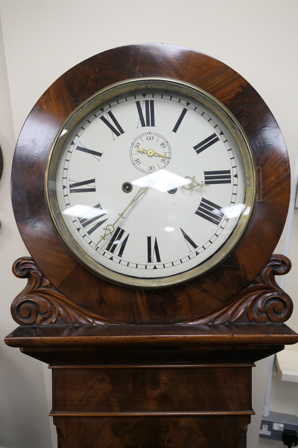 Early Victorian mahogany eight day drop trunk wall clock, painted circular 14'' dial with subsidiary - Image 2 of 19
