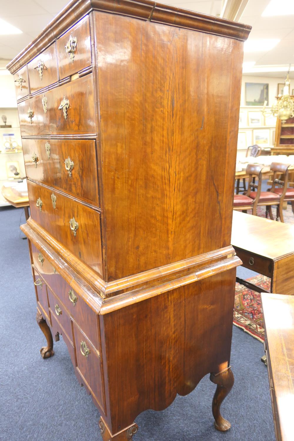 Walnut chest on stand, early 18th Century and later, the top with moulded cornice over three short - Image 14 of 18