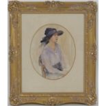 Edwardian School, Portrait of a lady seated in a wide brimmed hat, watercolour, oval, 26cm x 21cm