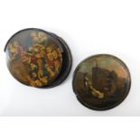 Painted papier mache snuff box, circular form detailed with a tranquil farmyard scene, 9.5cm