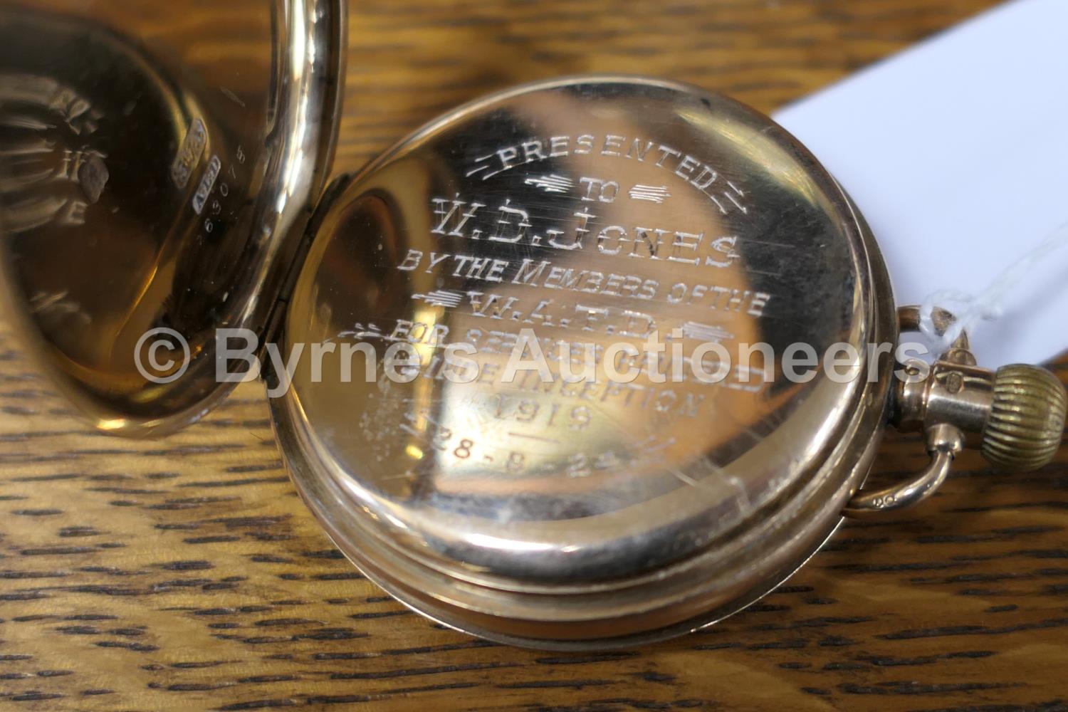 Waltham 9ct gold cased hunter pocket watch, the outer case engraved with a monogram, white dial with - Image 4 of 5