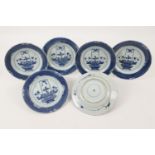 Six Chinese blue and white plates, Kangxi (1662-1722), each centred with a floral basket within a