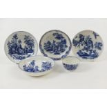 Five pieces of Worcester blue and white printed porcelain, comprising two mother and child pattern