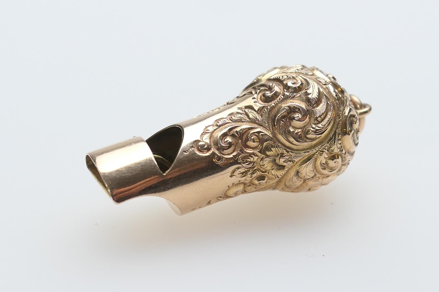 Rare Tiffany & Co. 14ct gold whistle, chased with foliate scrolls, with ring for suspension, - Image 3 of 4
