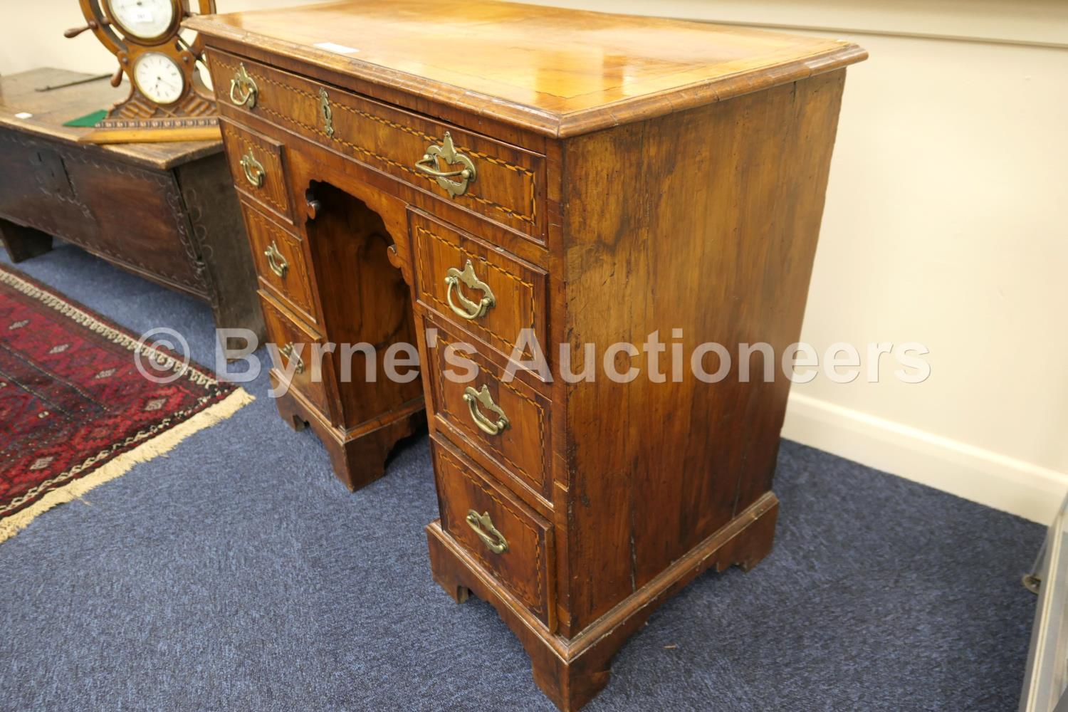 Walnut inlaid kneehole desk, 18th Century, quarter veneered top crossbanded and with ebony and - Image 7 of 23