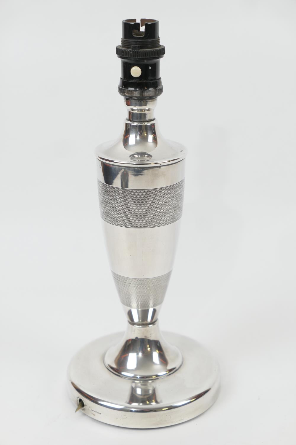 George V silver table lamp, marks rubbed, probably Birmingham 1933, with banded engine turned