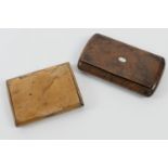 Victorian burr wood snuff box, cushion form inset with mother of pearl cartouche, 10cm x 6cm; also a