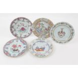 Five Chinese famille rose plates, all 18th Century, including an armorial plate, 22.5cm; Mandarin