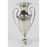 George V silver specimen vase, Birmingham 1912, twin handled ovoid form with trumpet neck and