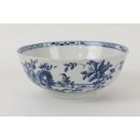 Worcester blue and white large bowl, in the prunus fence pattern, circa 1755, painted workman's