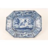 Continental delft blue and white octagonal dish, circa 1650-1700, centred with a hawk and bordered