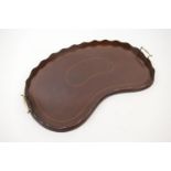 Edwardian mahogany and inlaid kidney shaped serving tray, with brass carrying handles, 63cm
