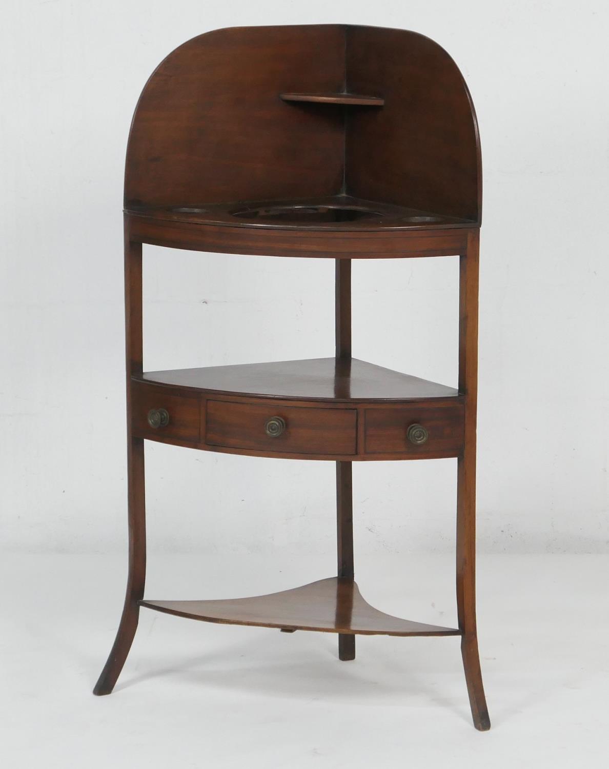 Regency mahogany corner washstand, traditional form with splash back, recesses for wash basin and