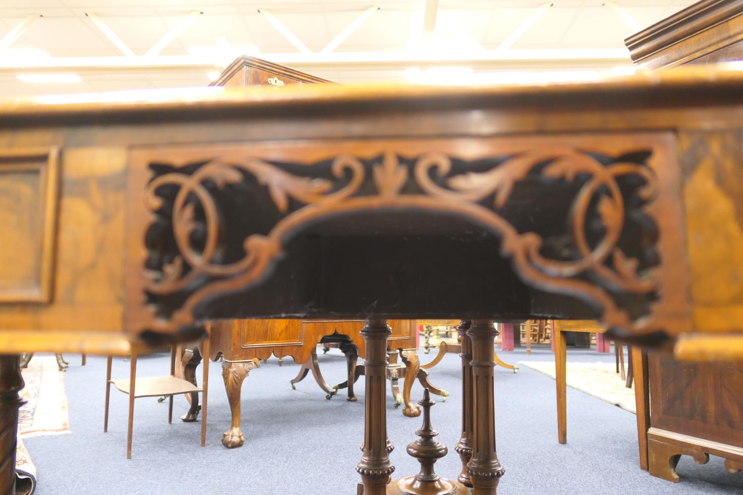 Victorian burr walnut kneehole writing table, with tooled leather inset top, over a fretwork - Image 5 of 12