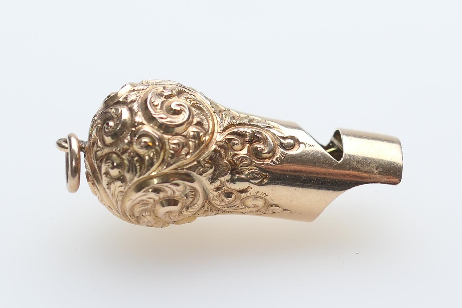Rare Tiffany & Co. 14ct gold whistle, chased with foliate scrolls, with ring for suspension, - Image 4 of 4