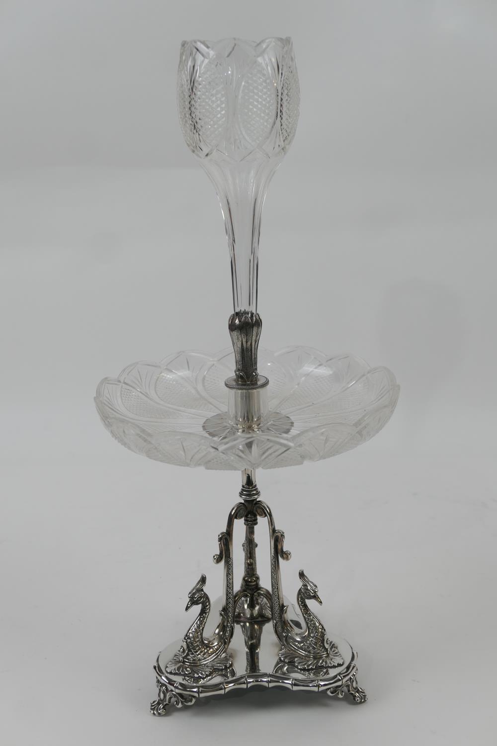 Victorian silver plated table centre, by James Dixon & Sons, centred with a cut glass bud vase