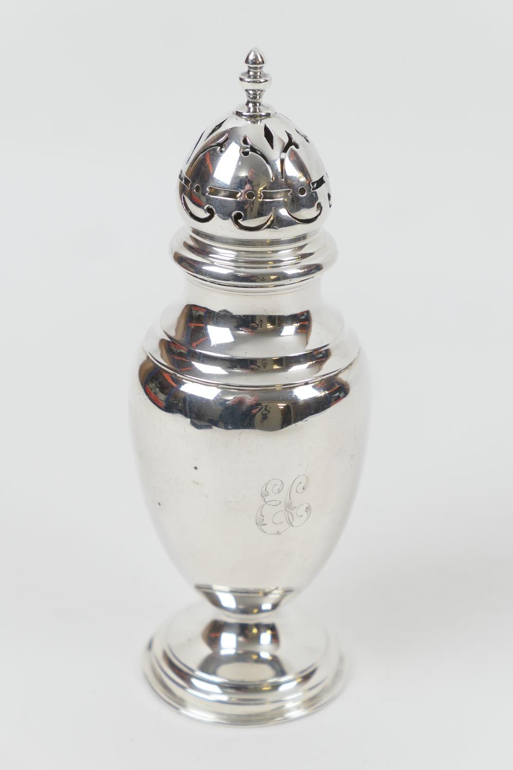 Edwardian silver sugar castor, by Edward Barnard and Sons, London 1907, plain ovoid form engraved