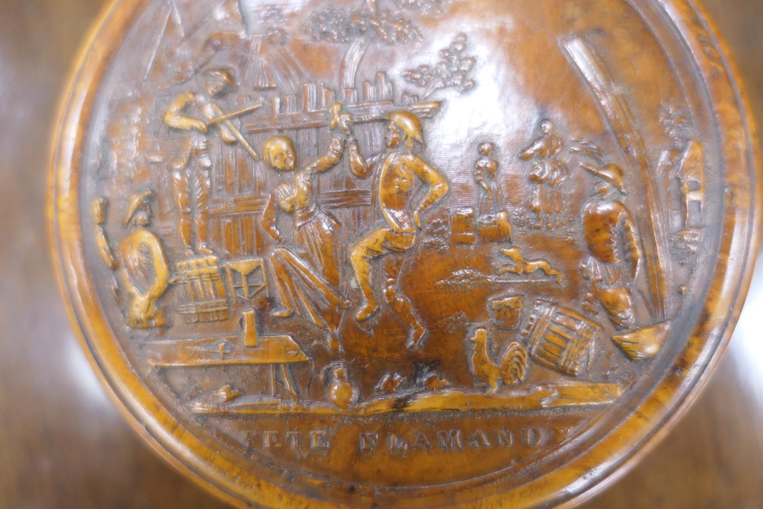 Pressed burr wood circular snuff box, 19th Century, the cover decorated with a scene of revellers, - Image 5 of 7