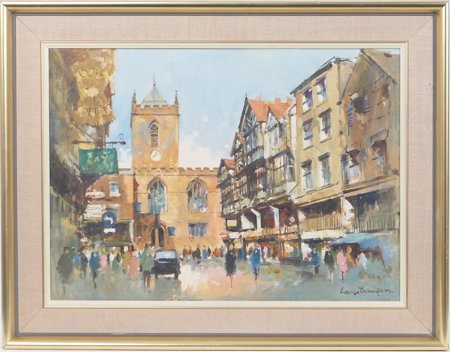 George Thompson (1934-2009), St. Peter's Church, The Cross, Chester, signed oil on canvas, dated