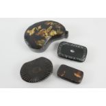 Three Victorian black lacquered papier mache snuff boxes, one of gourd shape with gilt floral