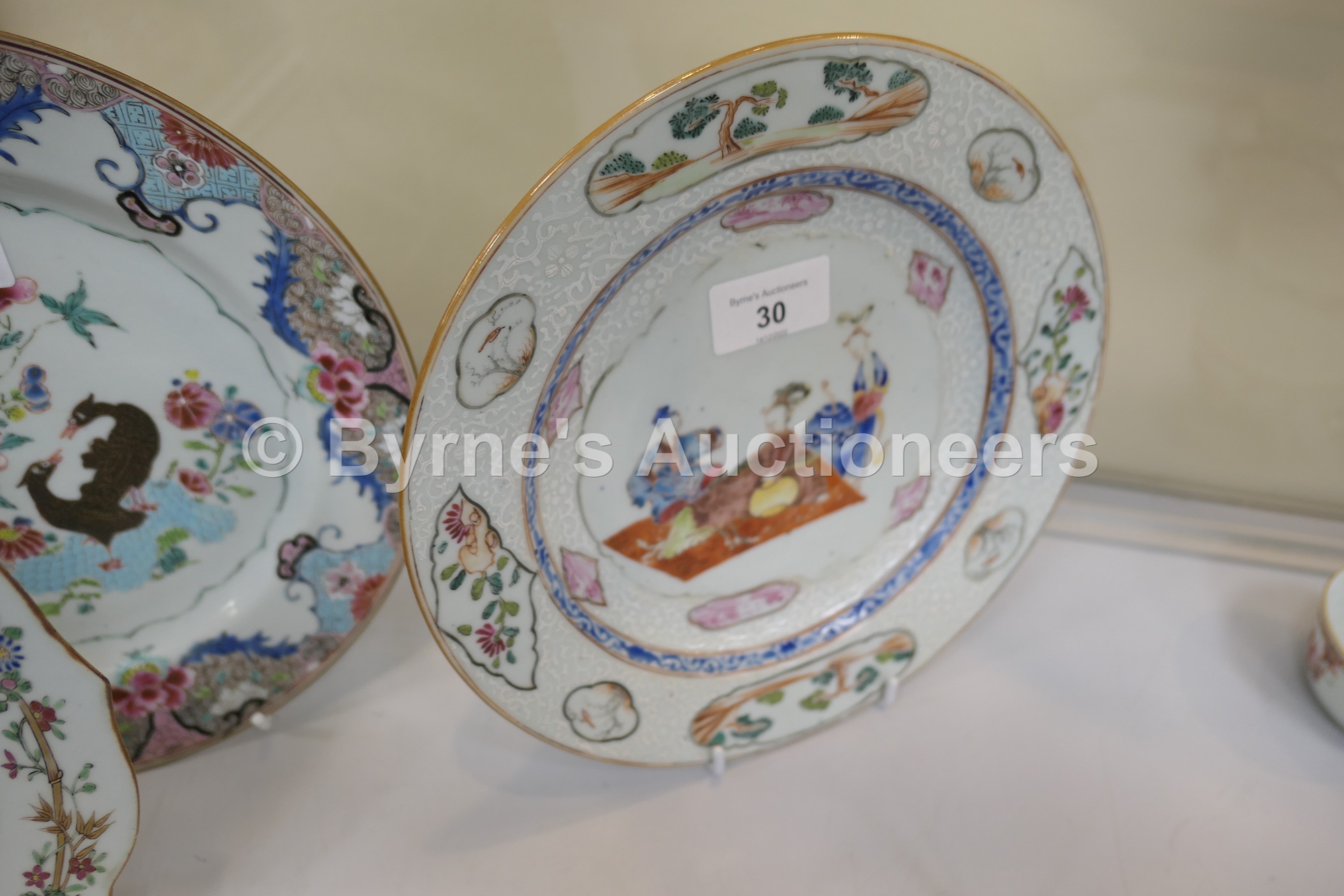 Five Chinese famille rose plates, all 18th Century, including an armorial plate, 22.5cm; Mandarin - Image 5 of 8