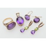 Assortment of amethyst jewellery comprising 18ct gold and amethyst dress ring, size O/P, gross