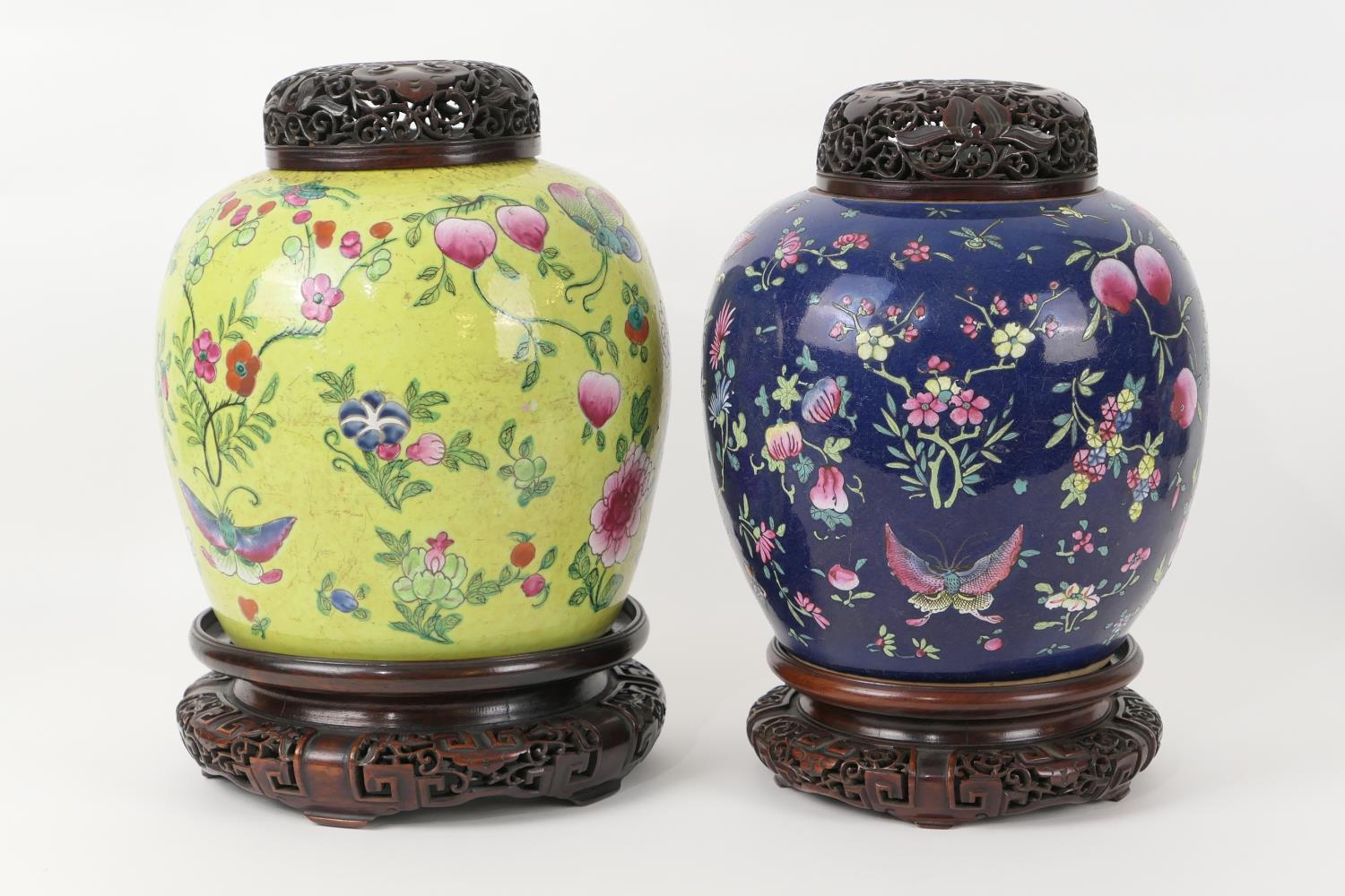 Two Chinese clobbered porcelain jars, 18th or 19th Century, one finished in yellow with butterflies,