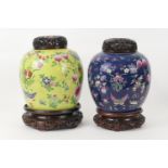 Two Chinese clobbered porcelain jars, 18th or 19th Century, one finished in yellow with butterflies,