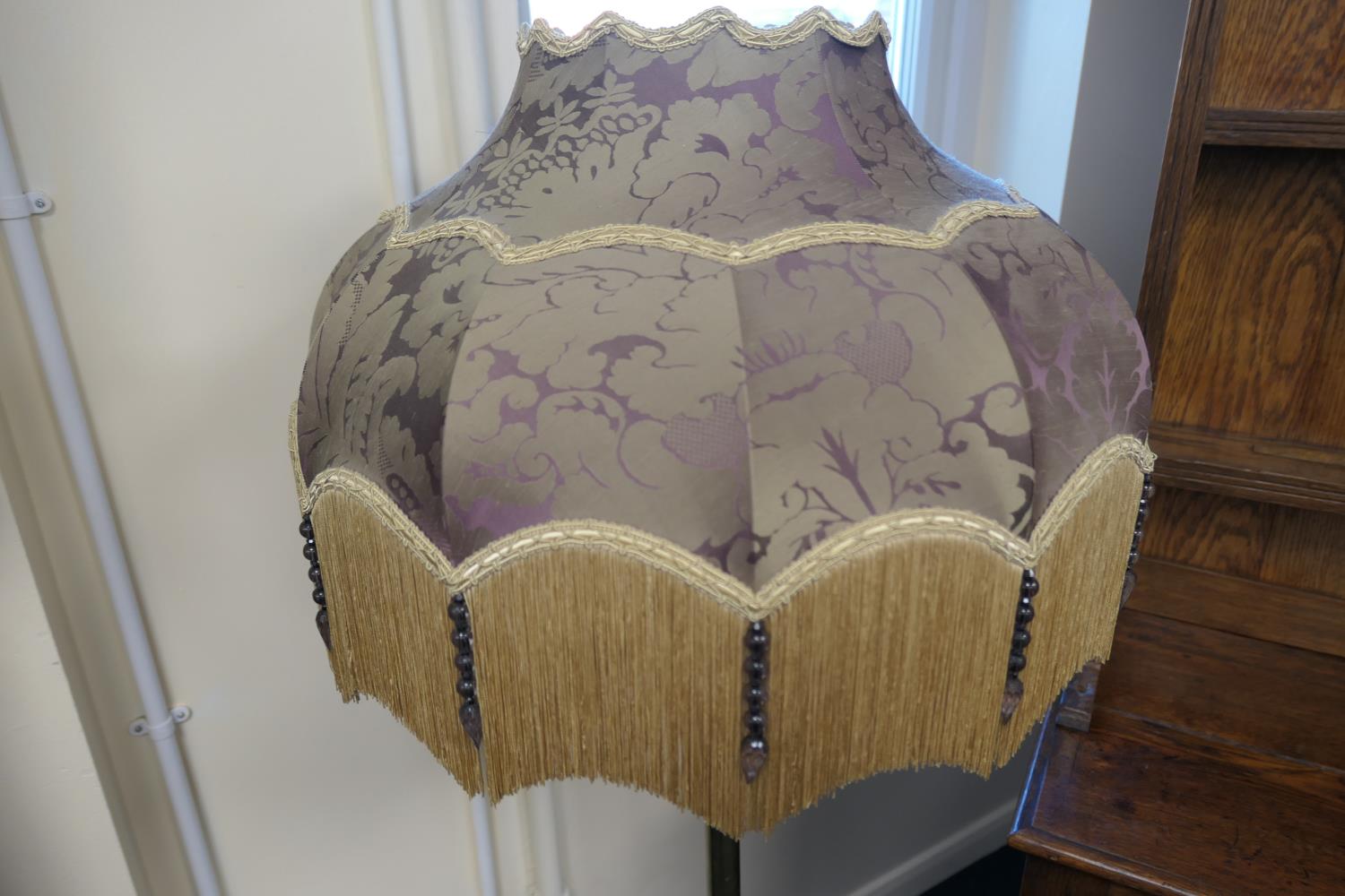 Edwardian brass extending standard lamp, in Art Nouveau style, having a purple silk damask fringed - Image 2 of 6