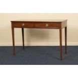 Edwardian mahogany side table, rectangular top over two frieze drawers with tramline inlays in