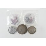 Two Britannia £2 fine silver coins, 1998 and 1999, gross weight approx. 66g; also a USA Morgan