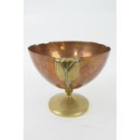 Secessionist style copper and brass mounted footed bowl, hand hammered U-shaped bowl embellished