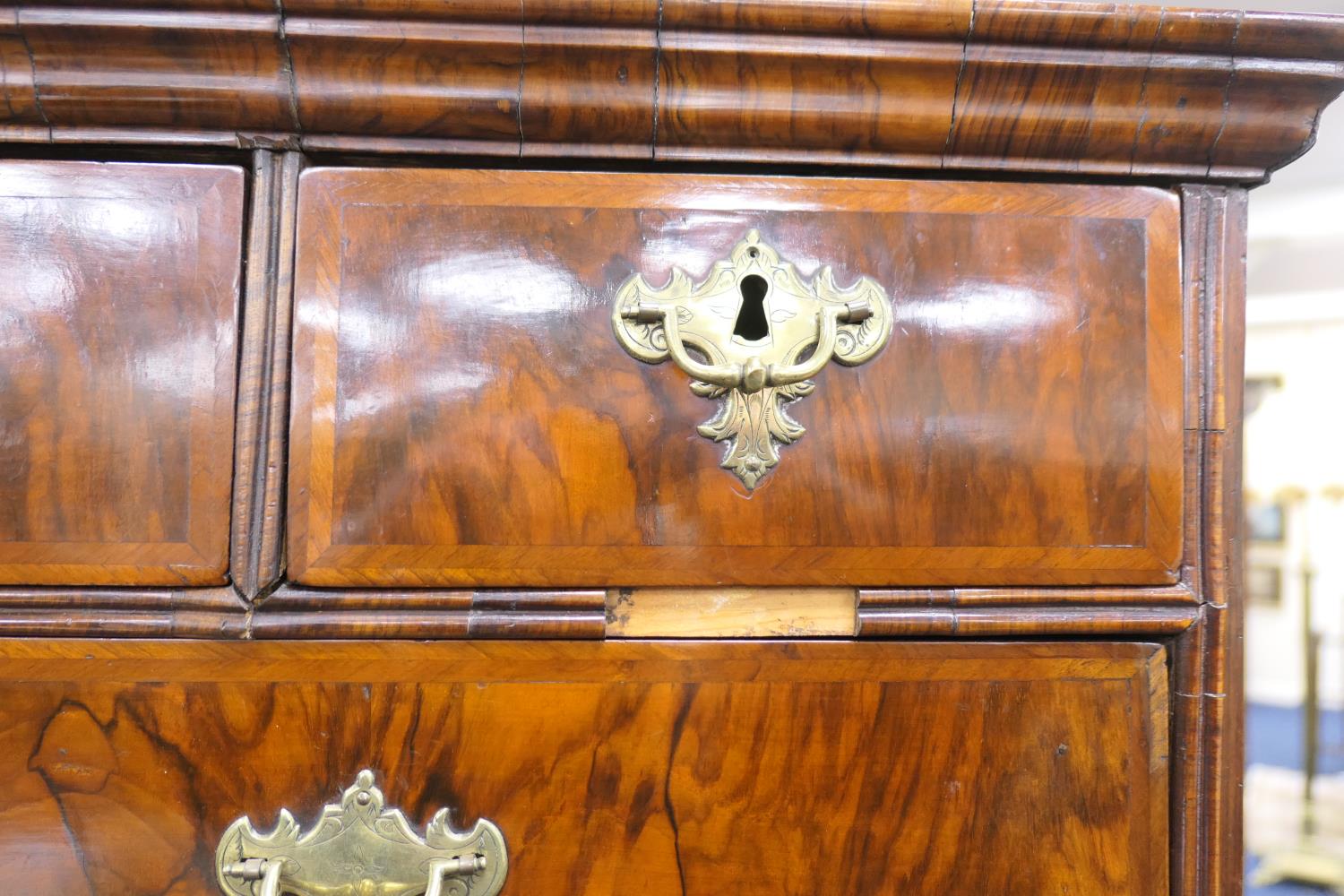 Walnut chest on stand, early 18th Century and later, the top with moulded cornice over three short - Image 2 of 18