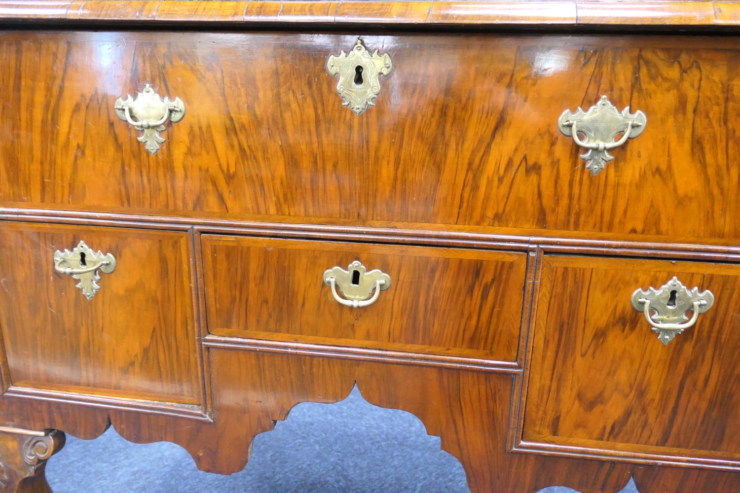 Walnut chest on stand, early 18th Century and later, the top with moulded cornice over three short - Image 9 of 18