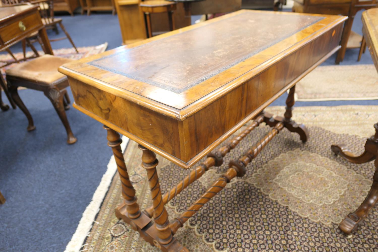 Victorian burr walnut kneehole writing table, with tooled leather inset top, over a fretwork - Image 10 of 12