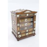 Italian walnut, brass and ivory mounted jewellery cabinet, fitted with four silk lined drawers