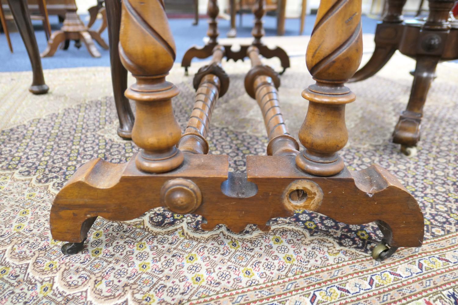 Victorian burr walnut kneehole writing table, with tooled leather inset top, over a fretwork - Image 12 of 12