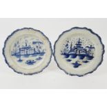 Two pearlware blue and white plates, circa 1800, both in Chinoiserie style, decorated with