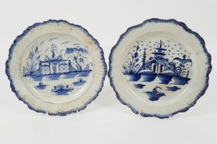 Two pearlware blue and white plates, circa 1800, both in Chinoiserie style, decorated with