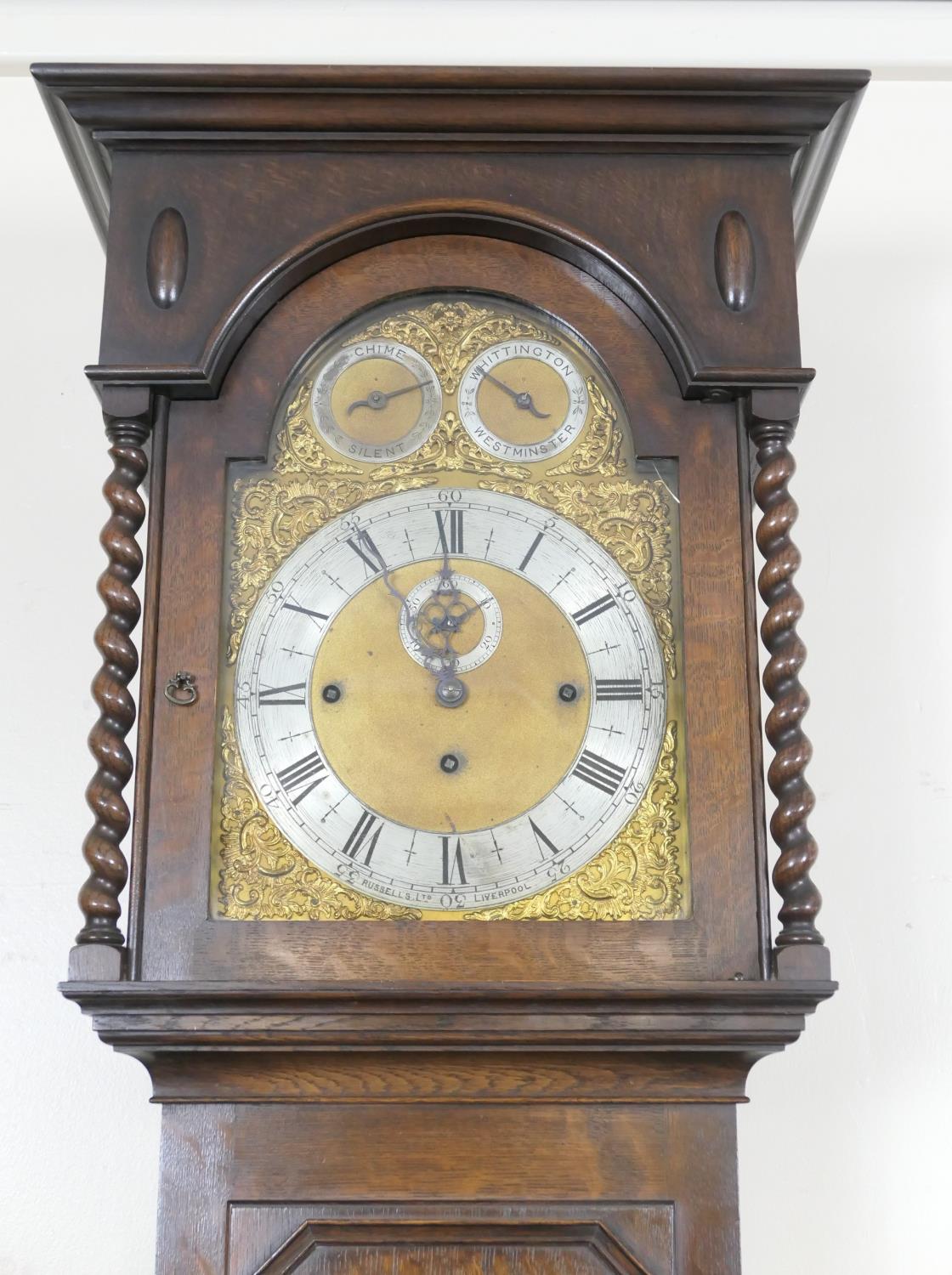 George V oak musical chiming eight day longcase clock, by Russells Ltd, Liverpool, the hood with - Image 2 of 2