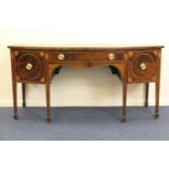 George III mahogany and inlaid bow front sideboard, circa 1790-1810, crossbanded throughout with