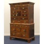 Oyster laburnum and walnut chest on chest, early 18th Century and later, having an ogee cornice over